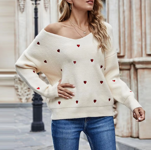 Maglione elegante da donna scollo a V motivo a cuore - Maglieria vestibilità comoda