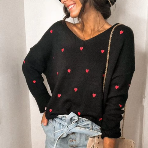 Maglione elegante da donna scollo a V motivo a cuore - Maglieria vestibilità comoda