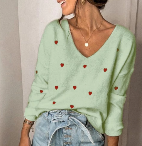 Maglione elegante da donna scollo a V motivo a cuore - Maglieria vestibilità comoda