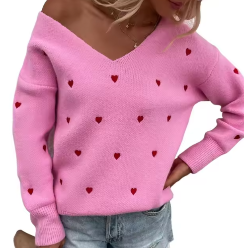 Maglione elegante da donna scollo a V motivo a cuore - Maglieria vestibilità comoda