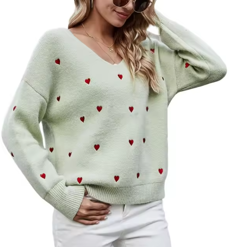 Maglione elegante da donna scollo a V motivo a cuore - Maglieria vestibilità comoda