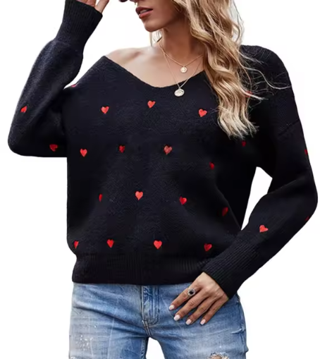 Maglione elegante da donna scollo a V motivo a cuore - Maglieria vestibilità comoda