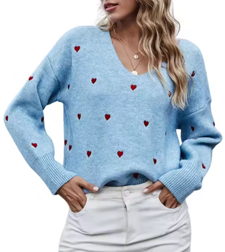 Maglione elegante da donna scollo a V motivo a cuore - Maglieria vestibilità comoda