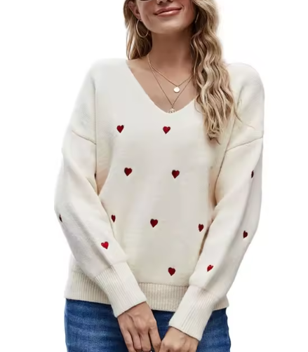 Maglione elegante da donna scollo a V motivo a cuore - Maglieria vestibilità comoda