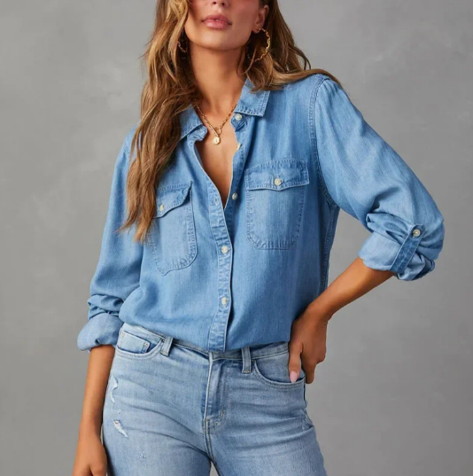 Camicia in denim elegante da donna - vestibilità comoda manica lunga bottoni