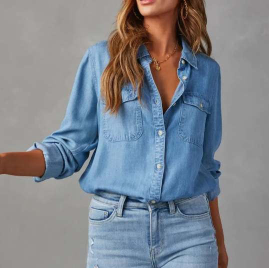 Camicia in denim elegante da donna - vestibilità comoda manica lunga bottoni