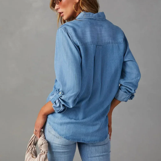 Camicia in denim elegante da donna - vestibilità comoda manica lunga bottoni