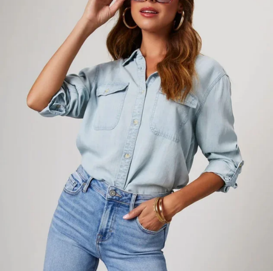 Camicia in denim elegante da donna - vestibilità comoda manica lunga bottoni
