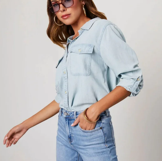 Camicia in denim elegante da donna - vestibilità comoda manica lunga bottoni