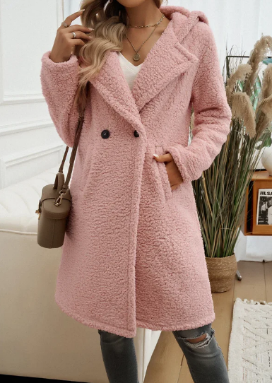 Cappotto elegante cappuccio in peluche da donna - Cappotto invernale bavero comodo