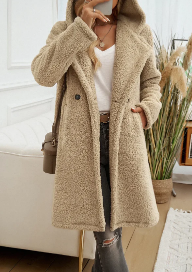 Cappotto elegante cappuccio in peluche da donna - Cappotto invernale bavero comodo