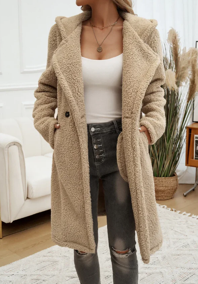 Cappotto elegante cappuccio in peluche da donna - Cappotto invernale bavero comodo