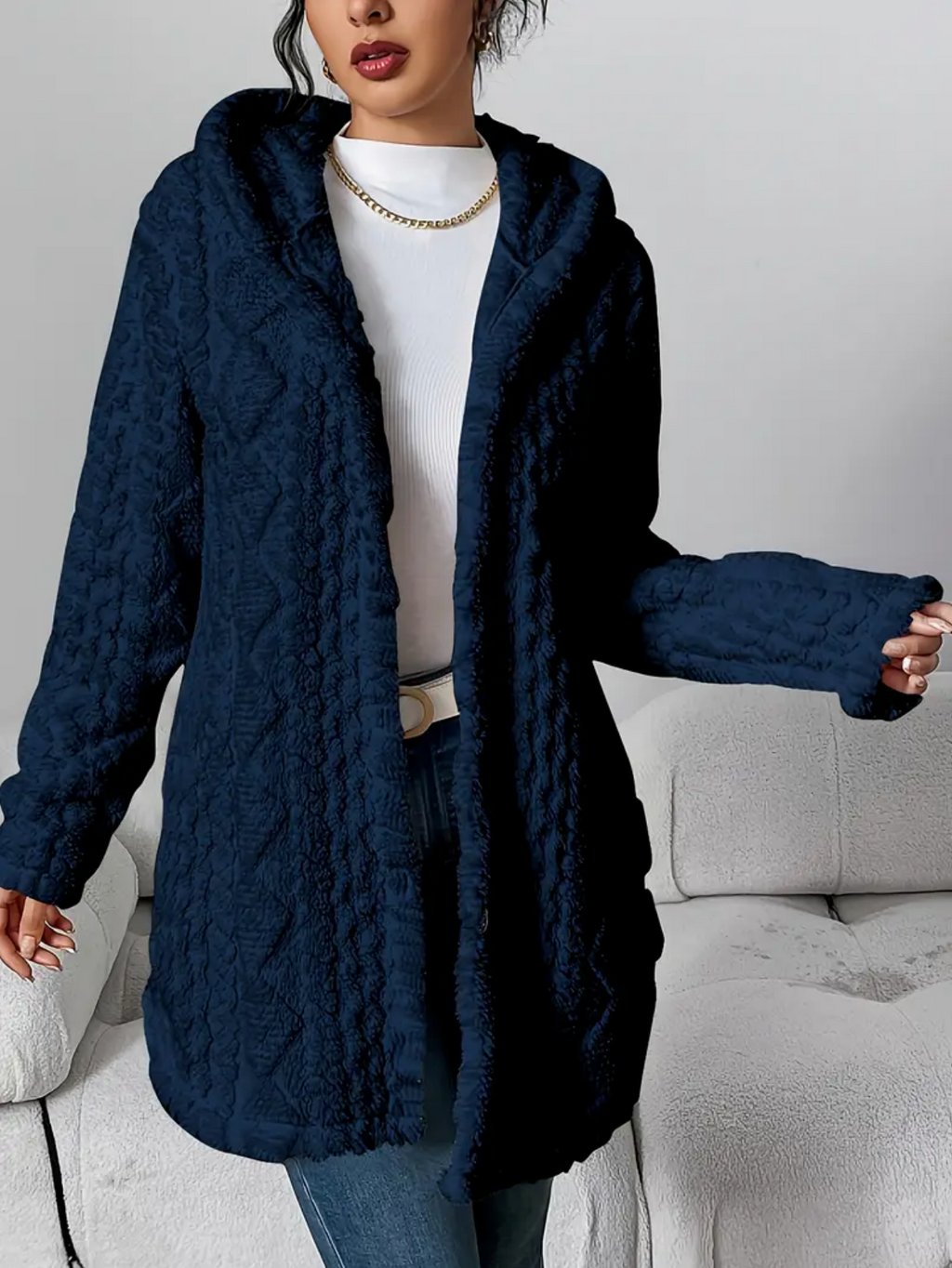 Cardigan con cappuccio in maglia a trecce da donna – Maniche lunghe morbide e comode