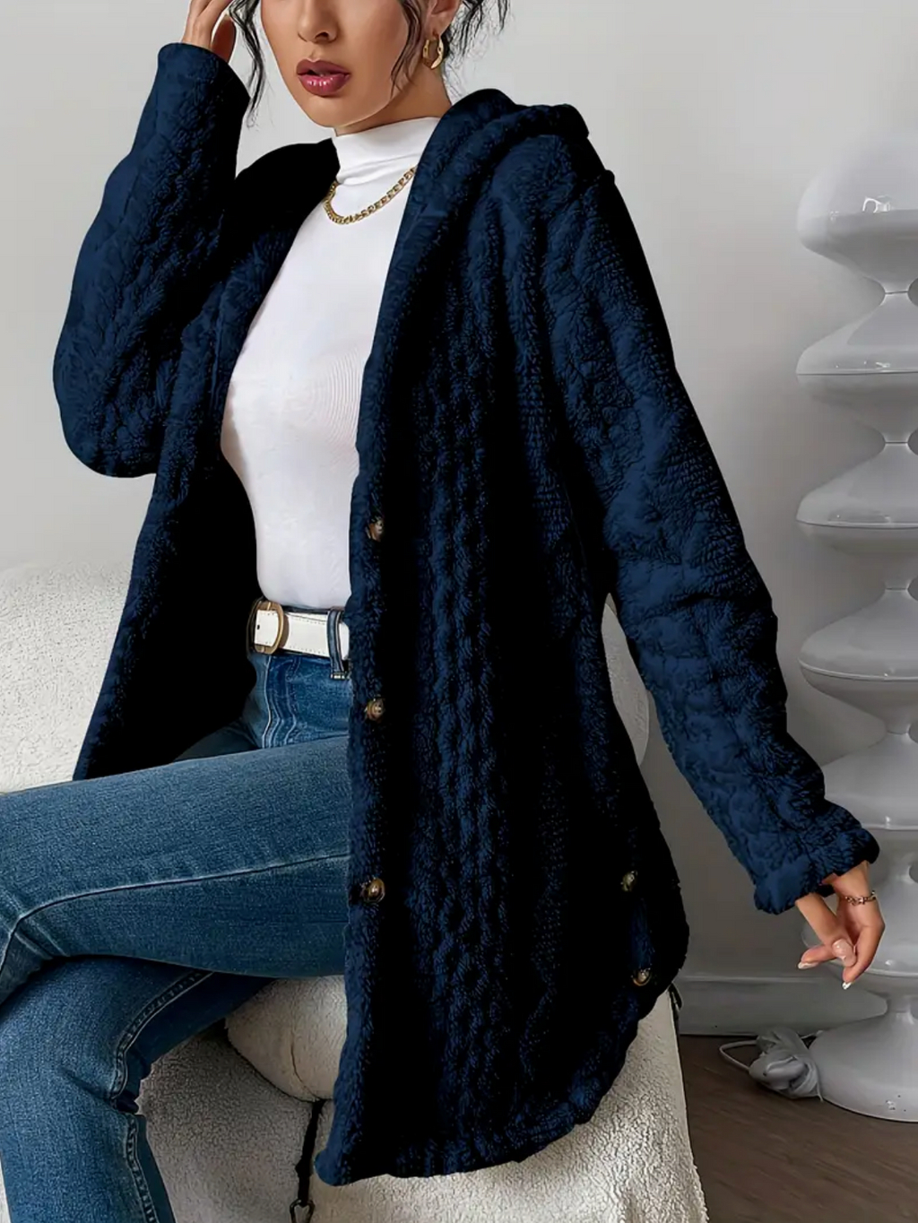 Cardigan con cappuccio in maglia a trecce da donna – Maniche lunghe morbide e comode