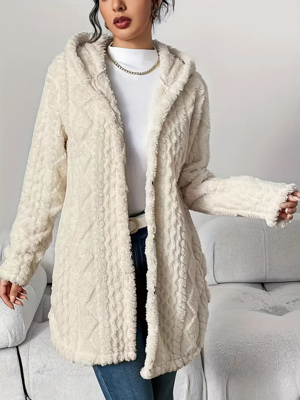 Cardigan con cappuccio in maglia a trecce da donna – Maniche lunghe morbide e comode
