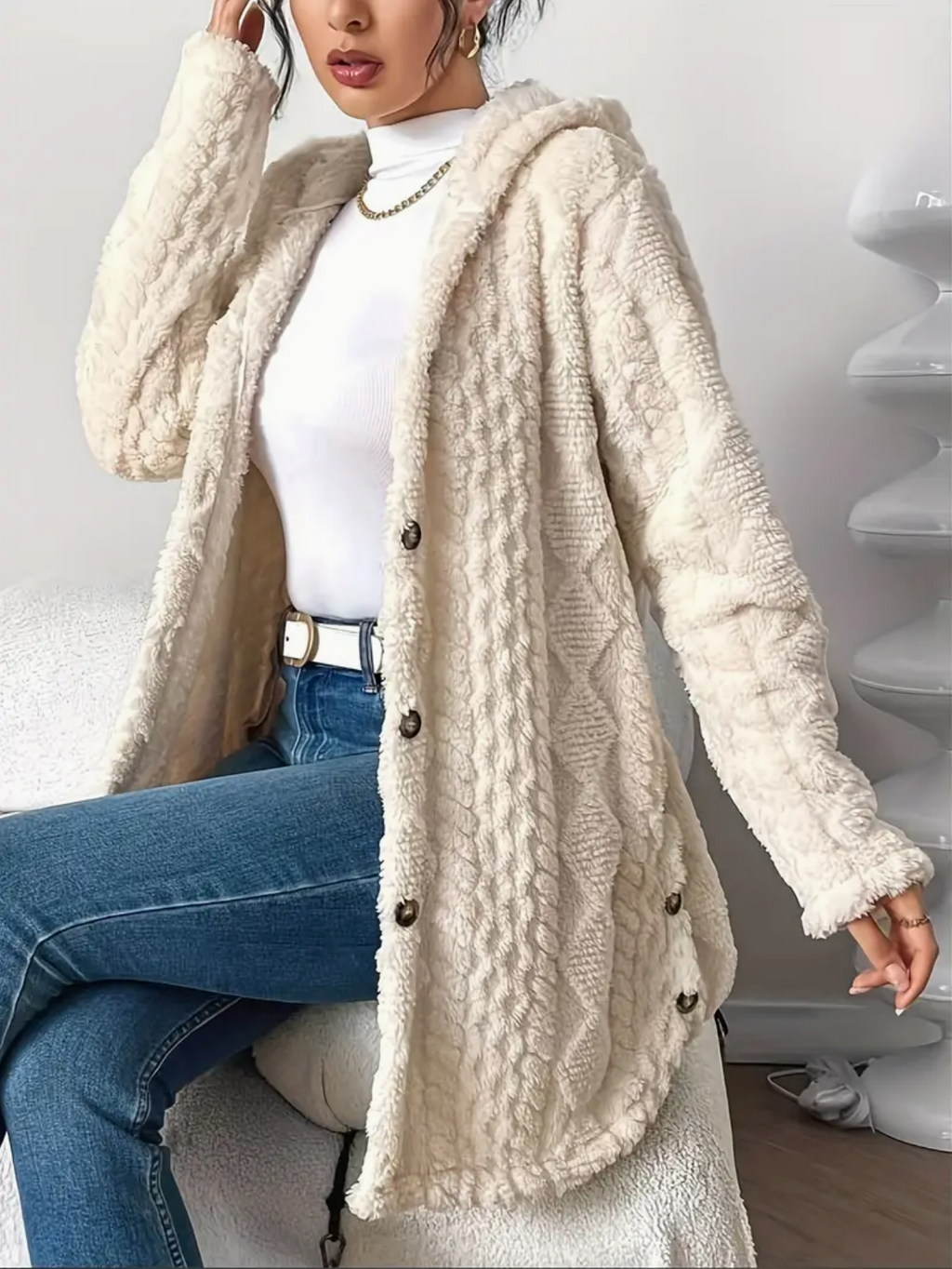 Cardigan con cappuccio in maglia a trecce da donna – Maniche lunghe morbide e comode