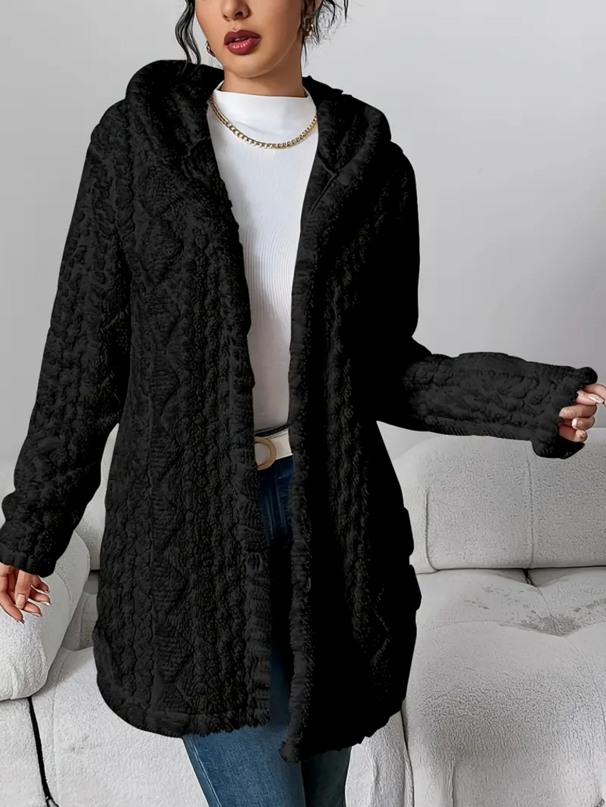 Cardigan con cappuccio in maglia a trecce da donna – Maniche lunghe morbide e comode