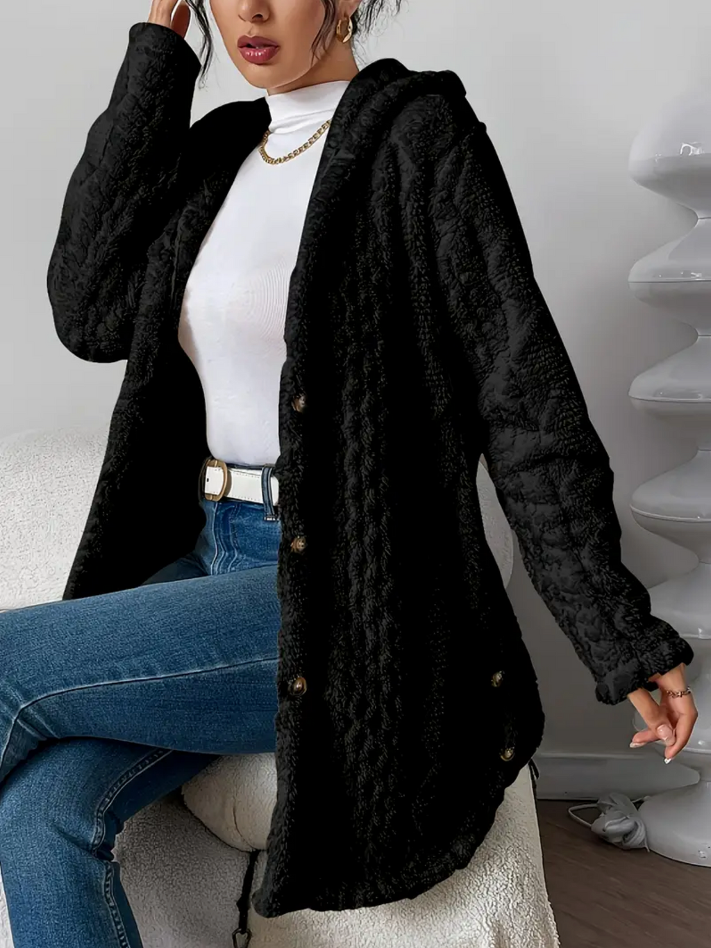 Cardigan con cappuccio in maglia a trecce da donna – Maniche lunghe morbide e comode