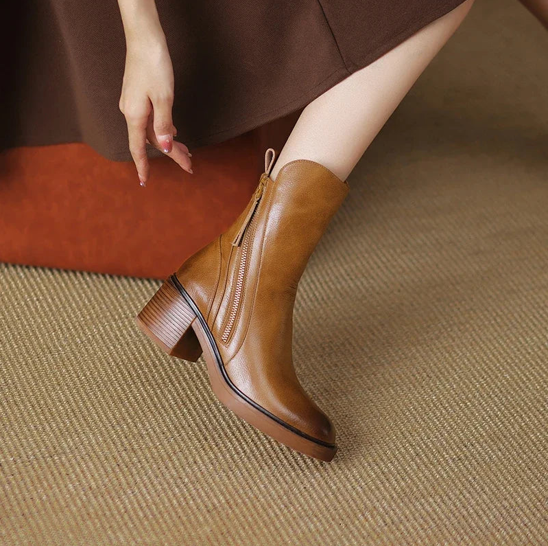 Stivali eleganti da donna in pelle premium con tacco a blocco