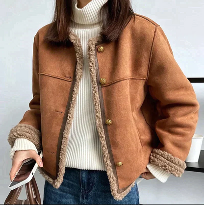 Giacca sartoriale in pelle scamosciata morbida e di tendenza da donna