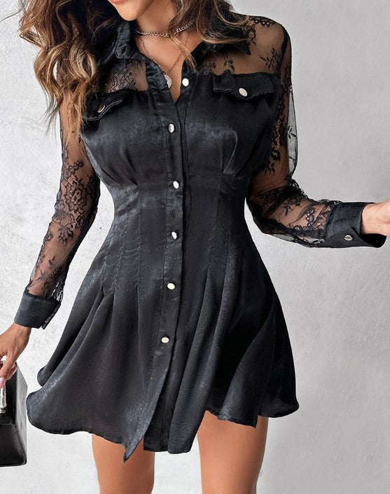 Mini abito donna raffinato in pizzo nero a maniche lunghe