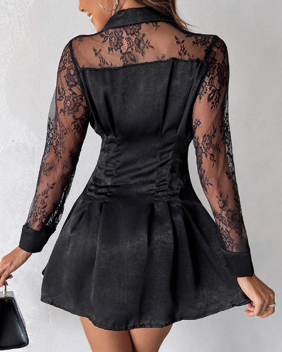 Mini abito donna raffinato in pizzo nero a maniche lunghe