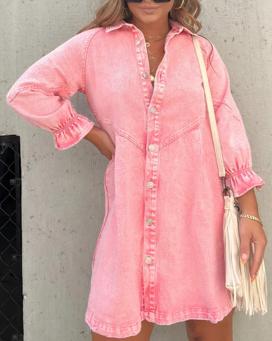 Abito corto in denim da donna con maniche lunghe – Abito camicia a trapezio con chiusura frontale con bottoni