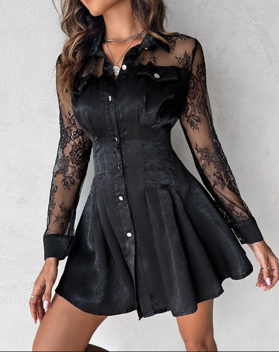 Mini abito donna raffinato in pizzo nero a maniche lunghe