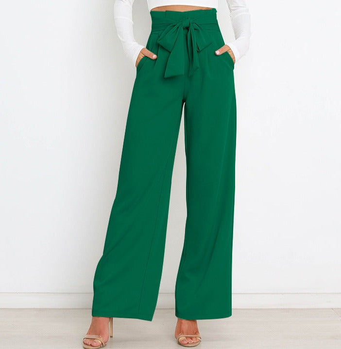 Pantaloni larghi a vita alta da donna con cintura a nastro