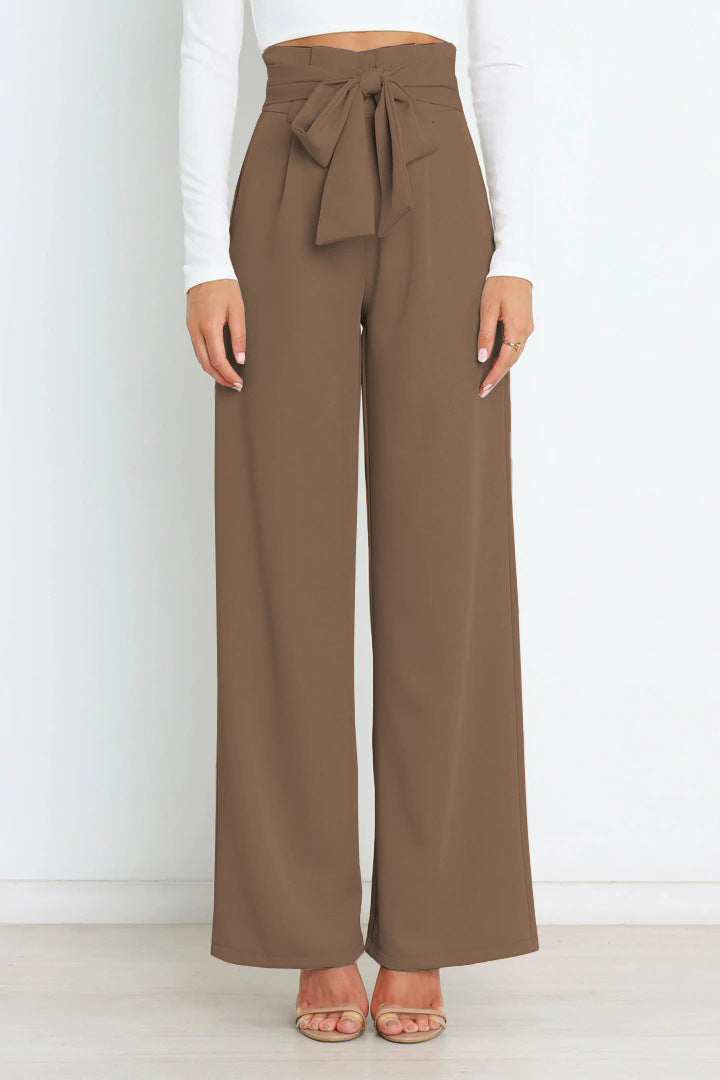 Pantaloni larghi a vita alta da donna con cintura a nastro