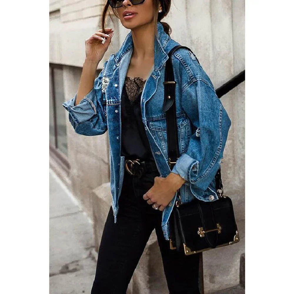 Giacca in denim oversize blu elegante da donna – Capispalla casual vintage