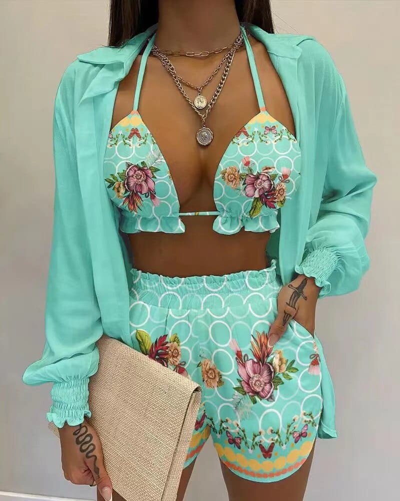 Set da Spiaggia Elegante Premium da Bagno Colorati Donna 3 Pezzi Costumi