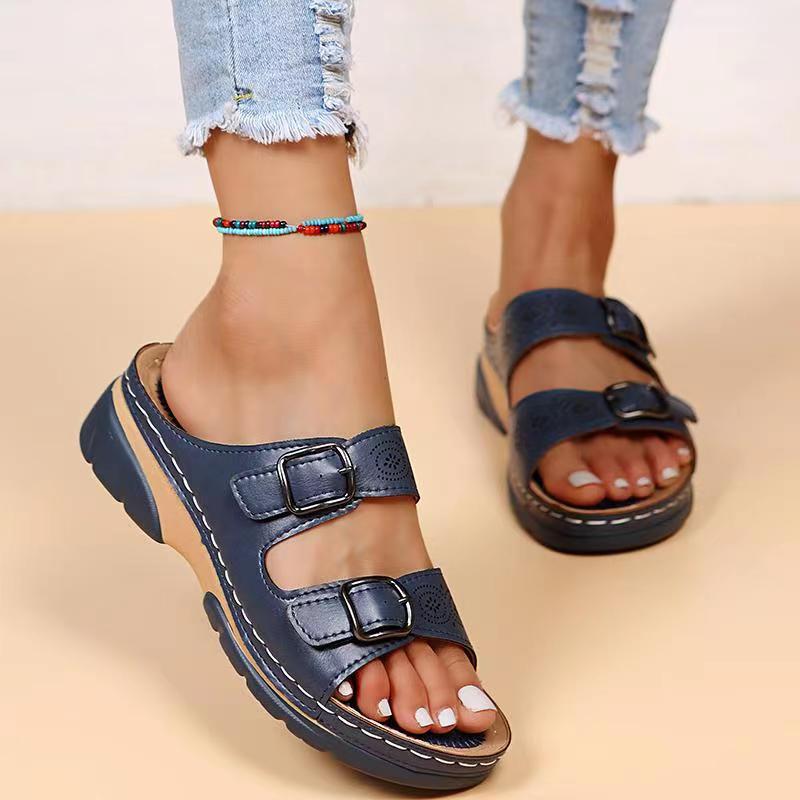 Sandali ortopedici in pelle con cinturino con fibbia da donna - Calzata larga, supporto plantare, scarpe estive casual da passeggio