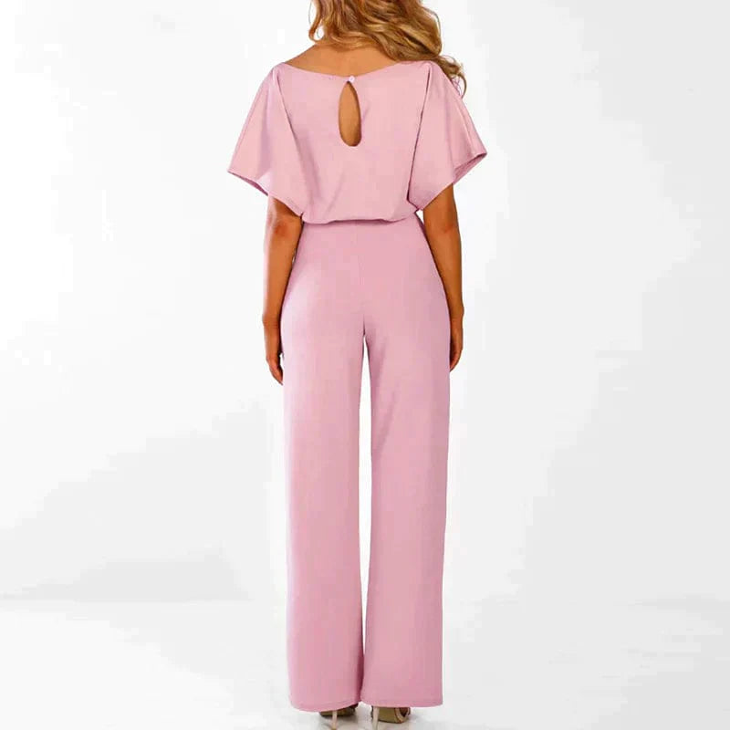 Tuta elegante da donna con cintura, manica corta, gamba larga - Completo intero leggero, elegante e lusinghiero