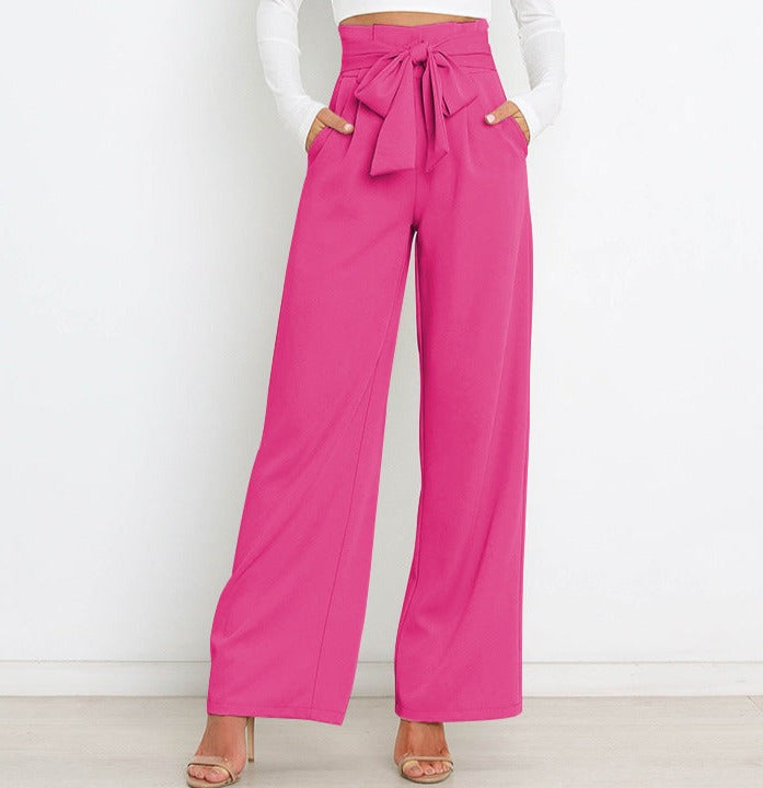 Pantaloni larghi a vita alta da donna con cintura a nastro