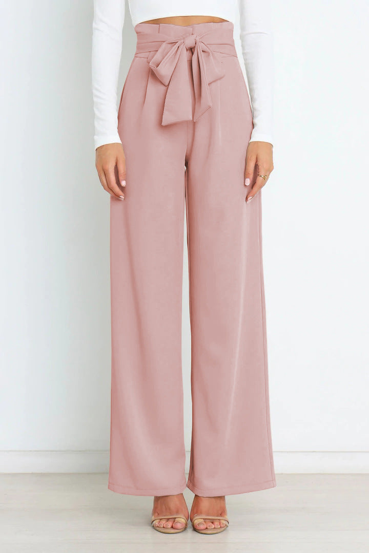 Pantaloni larghi a vita alta da donna con cintura a nastro