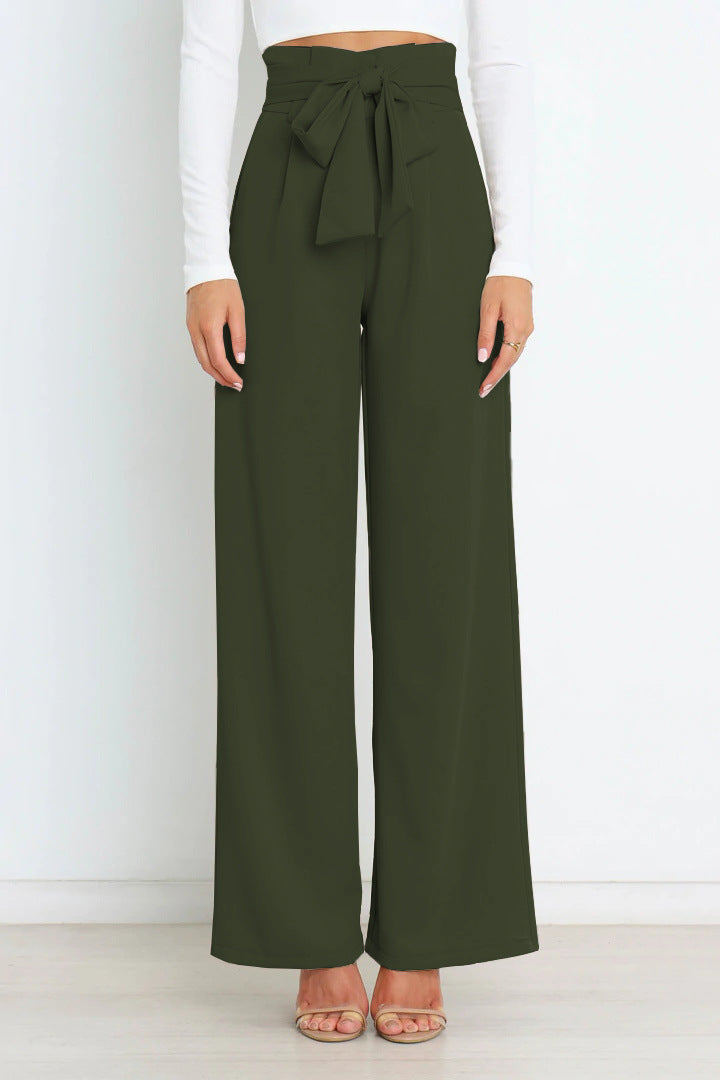 Pantaloni larghi a vita alta da donna con cintura a nastro