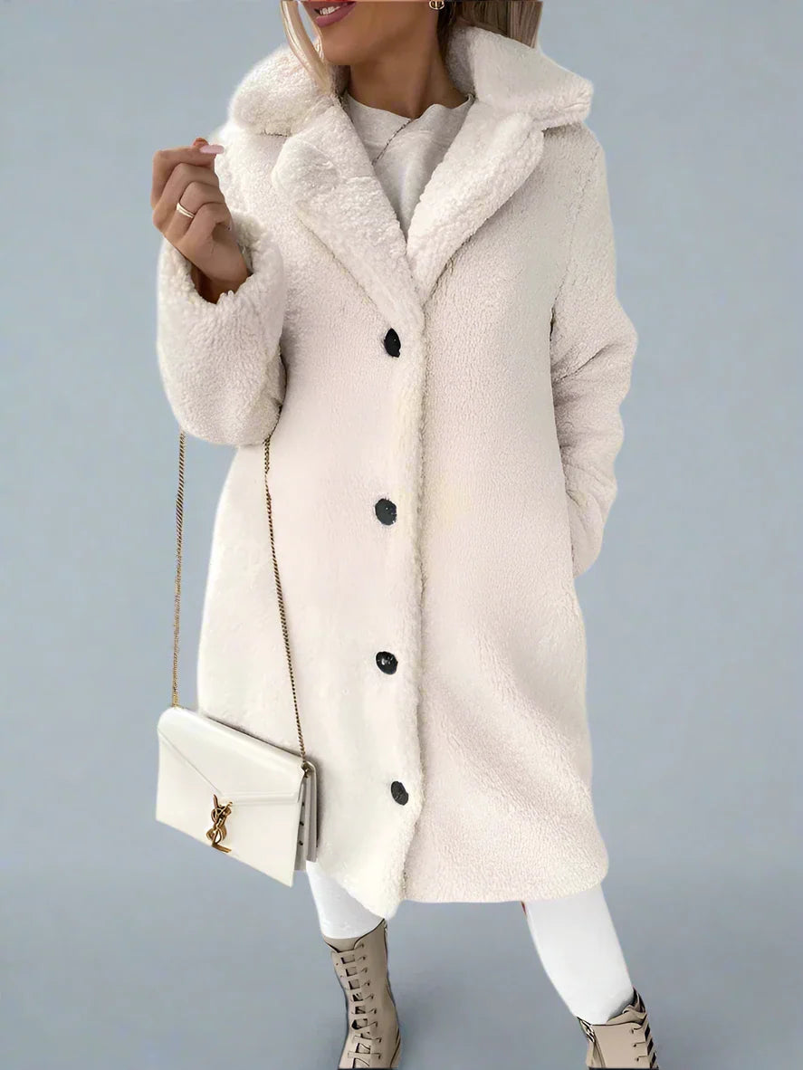 Cappotto lungo in pile beige per donna - caldo e morbido