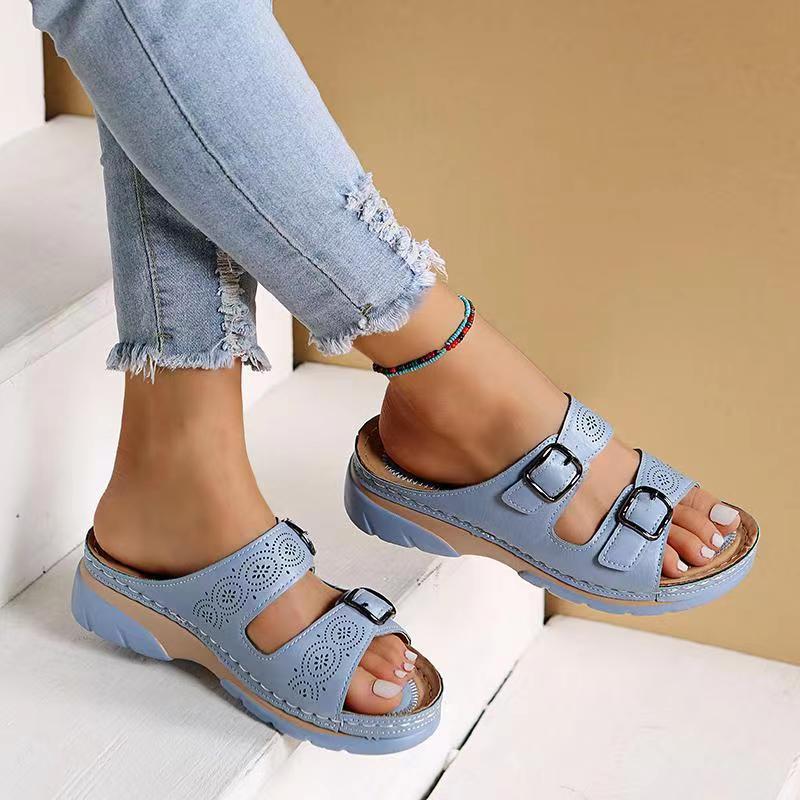 Sandali ortopedici in pelle con cinturino con fibbia da donna - Calzata larga, supporto plantare, scarpe estive casual da passeggio