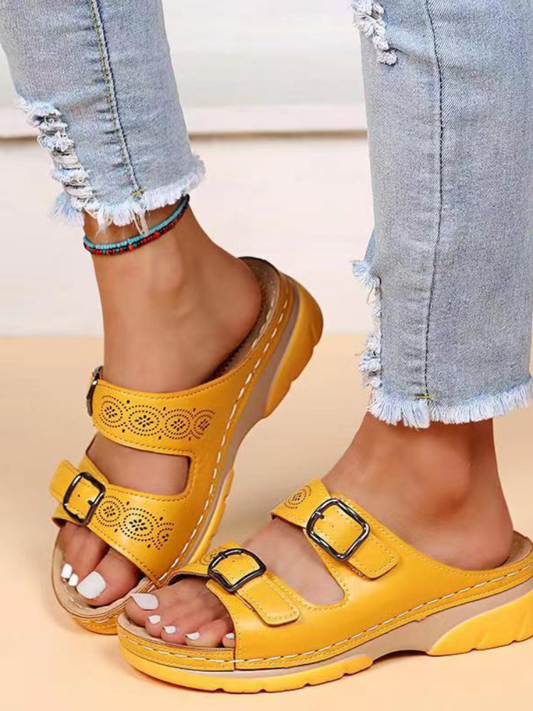 Sandali ortopedici in pelle con cinturino con fibbia da donna - Calzata larga, supporto plantare, scarpe estive casual da passeggio