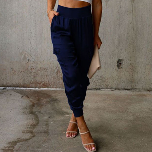 Pantaloni cargo in raso a vita alta da donna - Pantaloni casual eleganti