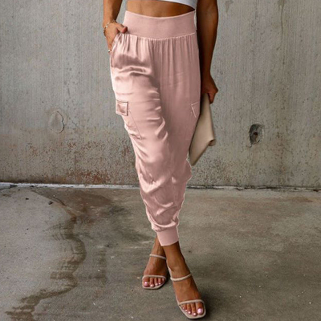 Pantaloni cargo in raso a vita alta da donna - Pantaloni casual eleganti