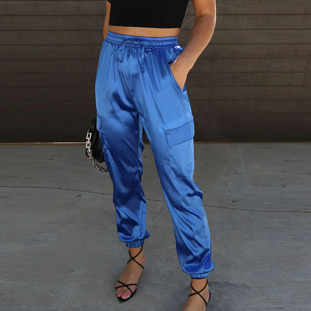 Pantaloni cargo in raso a vita alta da donna - Pantaloni casual eleganti