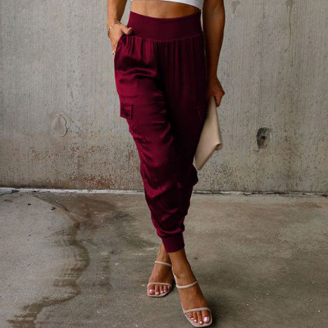Pantaloni cargo in raso a vita alta da donna - Pantaloni casual eleganti