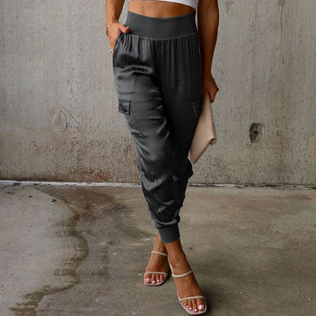 Pantaloni cargo in raso a vita alta da donna - Pantaloni casual eleganti