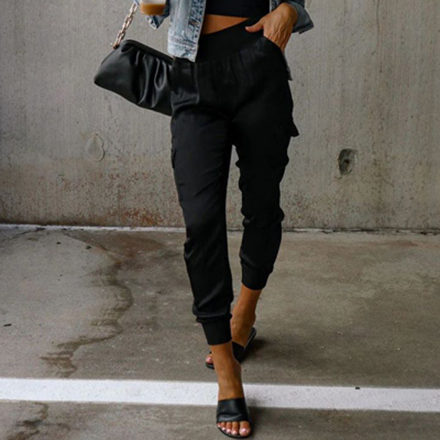 Pantaloni cargo in raso a vita alta da donna - Pantaloni casual eleganti