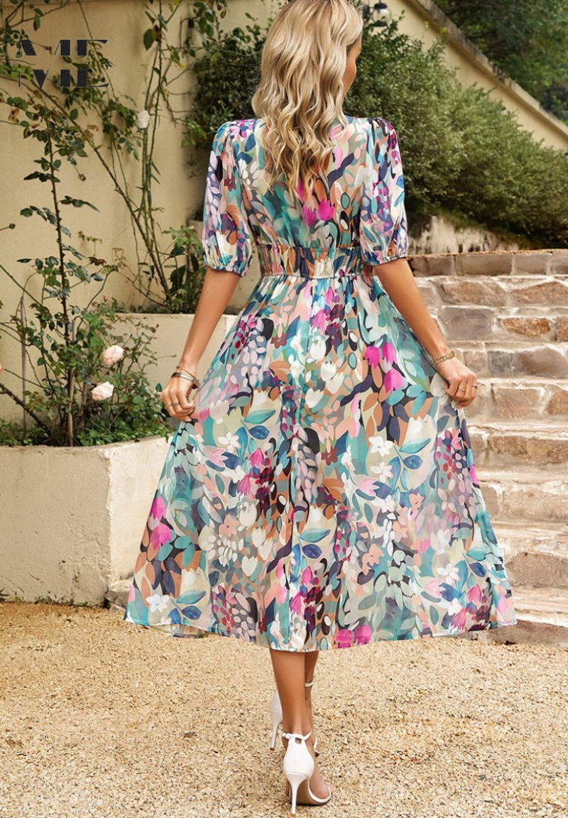 Vestito floreale da donna con scollo a V – abito midi estivo elegante a maniche corte