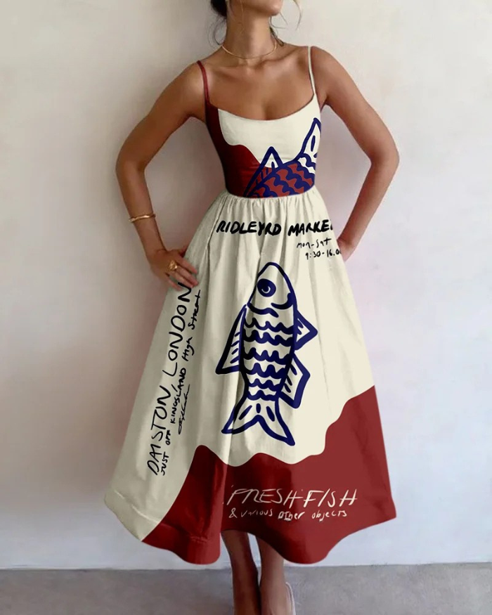 Abito midi elegante donna con stampa astratta di pesci – Flattere, artistico, estivo, perfetto per invitate a matrimoni