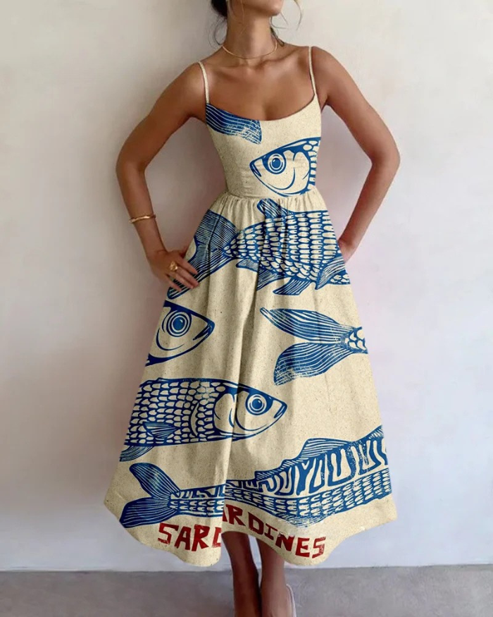Abito midi elegante donna con stampa astratta di pesci – Flattere, artistico, estivo, perfetto per invitate a matrimoni