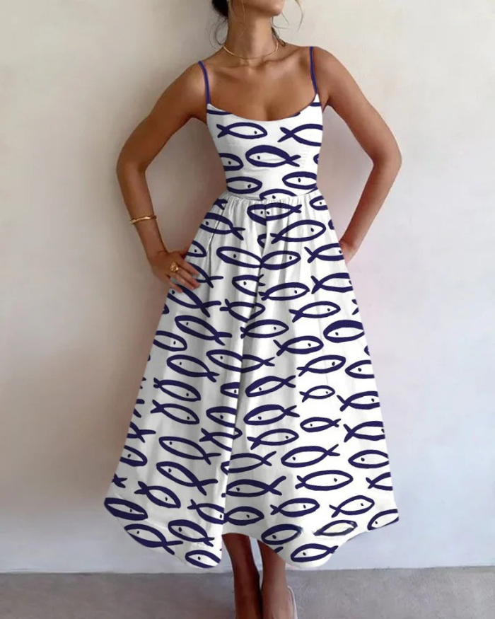 Abito midi elegante donna con stampa astratta di pesci – Flattere, artistico, estivo, perfetto per invitate a matrimoni